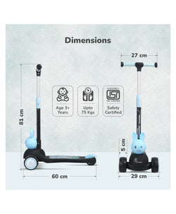 Dimensions of a children's scooter with safety certification logos on a light gray background