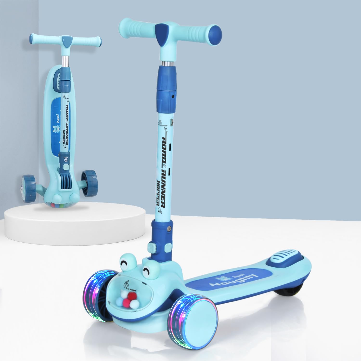 "Light blue R for Rabbit Road Runner Hopper Foldable Kick Scooter with bright LED light-up wheels, designed for kids aged 3+ years to enhance balance and outdoor play. Usmile Toys." www.usmile.toys
