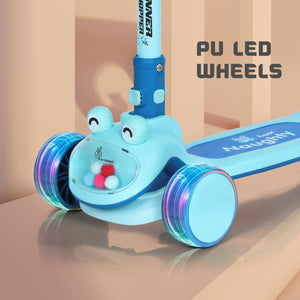 "Light blue R for Rabbit Road Runner Hopper Foldable Kick Scooter with bright LED light-up wheels, designed for kids aged 3+ years to enhance balance and outdoor play. Usmile Toys." www.usmile.toys