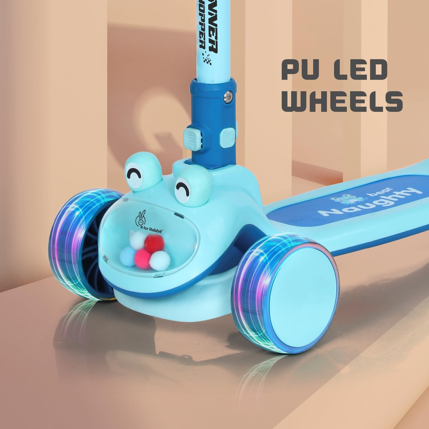 "Light blue R for Rabbit Road Runner Hopper Foldable Kick Scooter with bright LED light-up wheels, designed for kids aged 3+ years to enhance balance and outdoor play. Usmile Toys." www.usmile.toys
