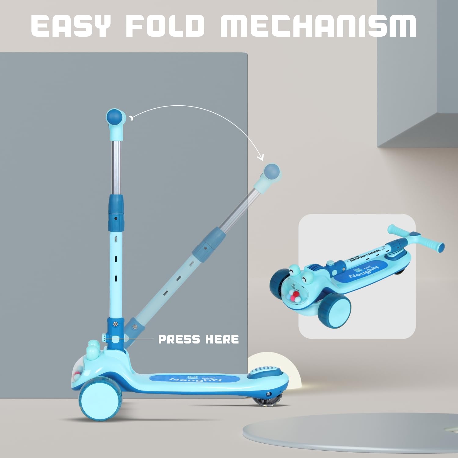 "Light blue R for Rabbit Road Runner Hopper Foldable Kick Scooter with bright LED light-up wheels, designed for kids aged 3+ years to enhance balance and outdoor play. Usmile Toys." www.usmile.toys