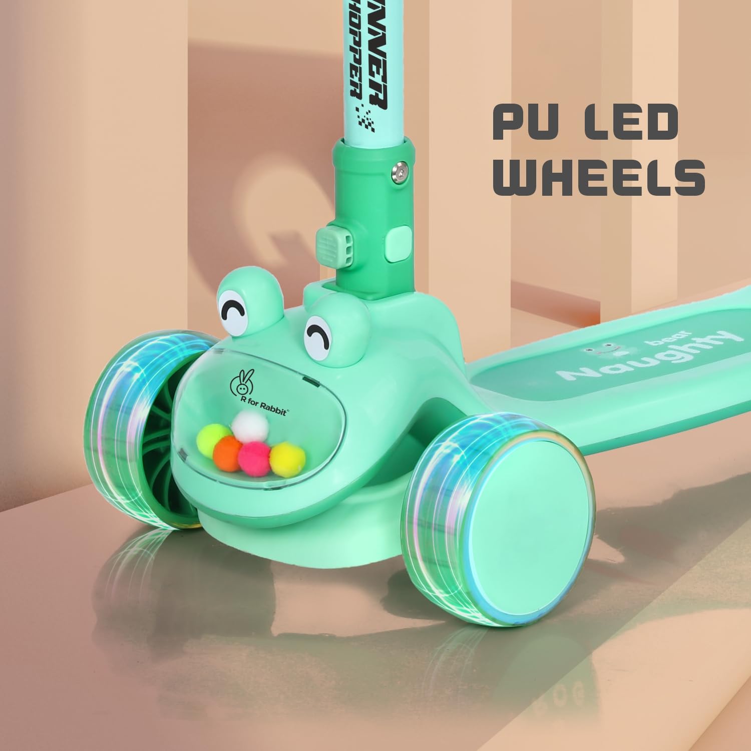 The R for Rabbit Road Runner Hopper, a foldable 3-wheel kick scooter for children aged 3 years and up. This durable and stable scooter comes in a cheerful blue color with vibrant LED light-up wheels and a unique front design, perfect for stimulating active play and developing motor skills. Available at Usmile Toys." www.usmile.toys