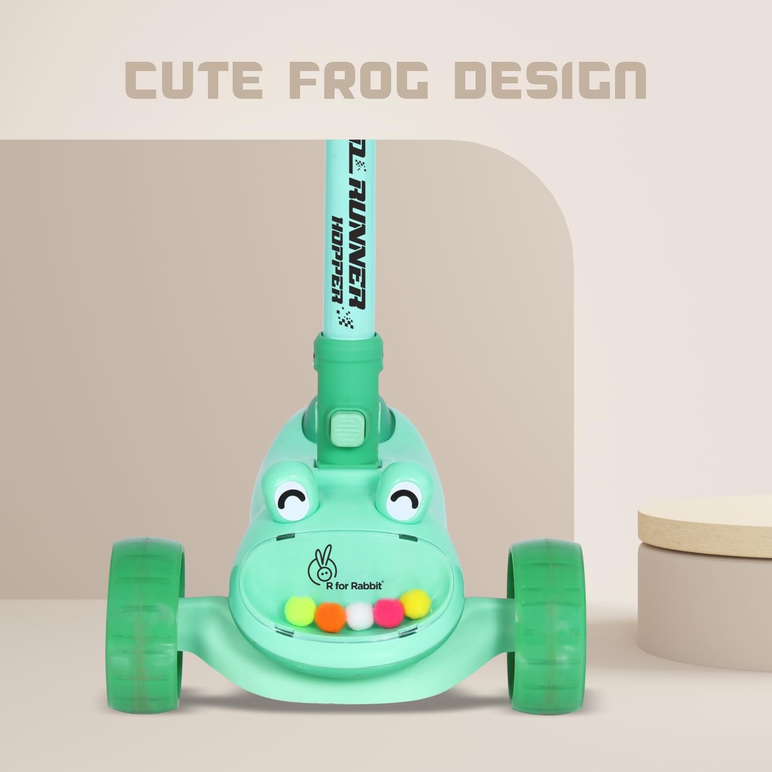 The R for Rabbit Road Runner Hopper, a foldable 3-wheel kick scooter for children aged 3 years and up. This durable and stable scooter comes in a cheerful blue color with vibrant LED light-up wheels and a unique front design, perfect for stimulating active play and developing motor skills. Available at Usmile Toys." www.usmile.toys