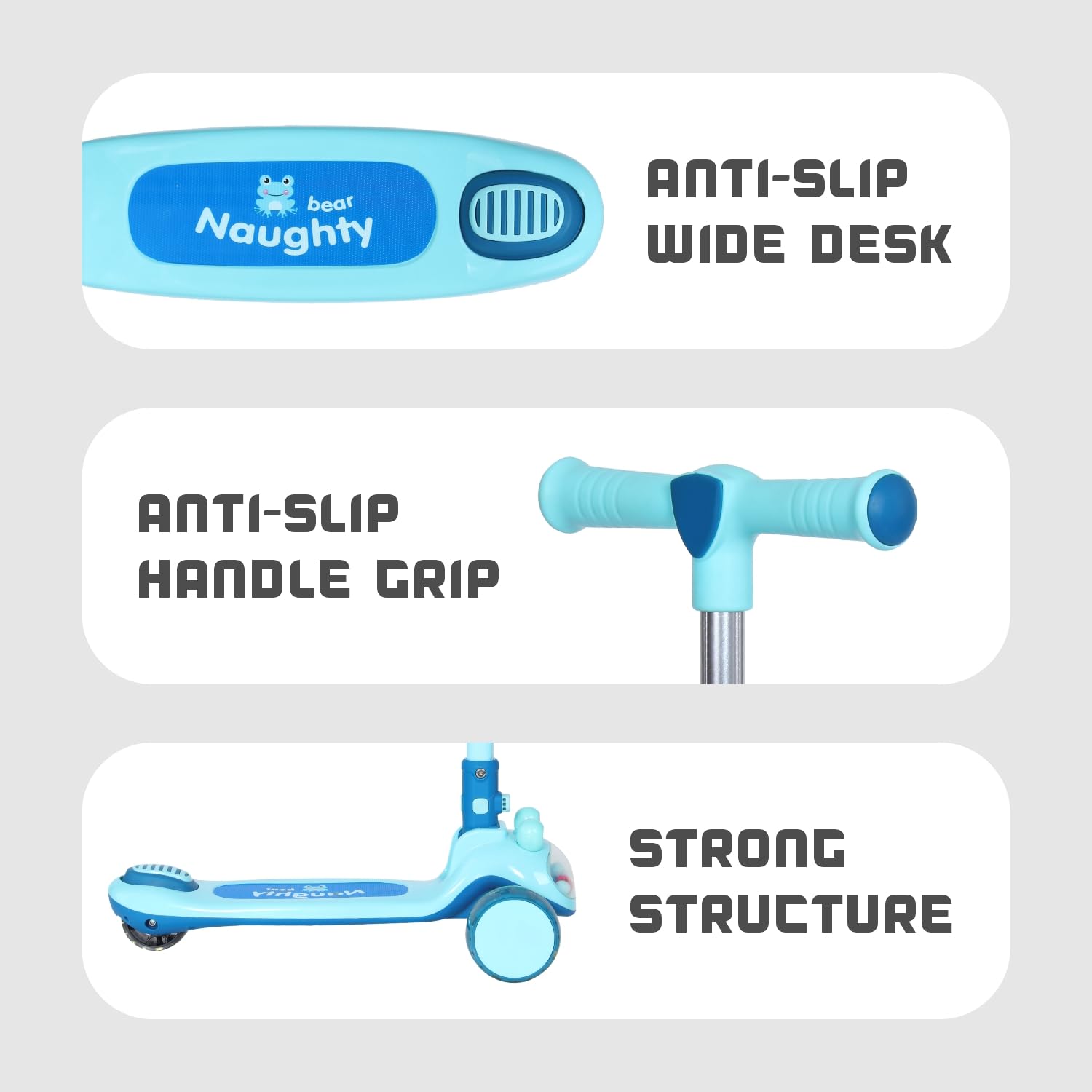 "R for Rabbit Road Runner Hopper 3-wheel Kick Scooter in blue, featuring a foldable design, glowing LED wheels, and a cute 'frog' or 'character' front for engaging fun for kids 3 years and above." www.usmile.toys