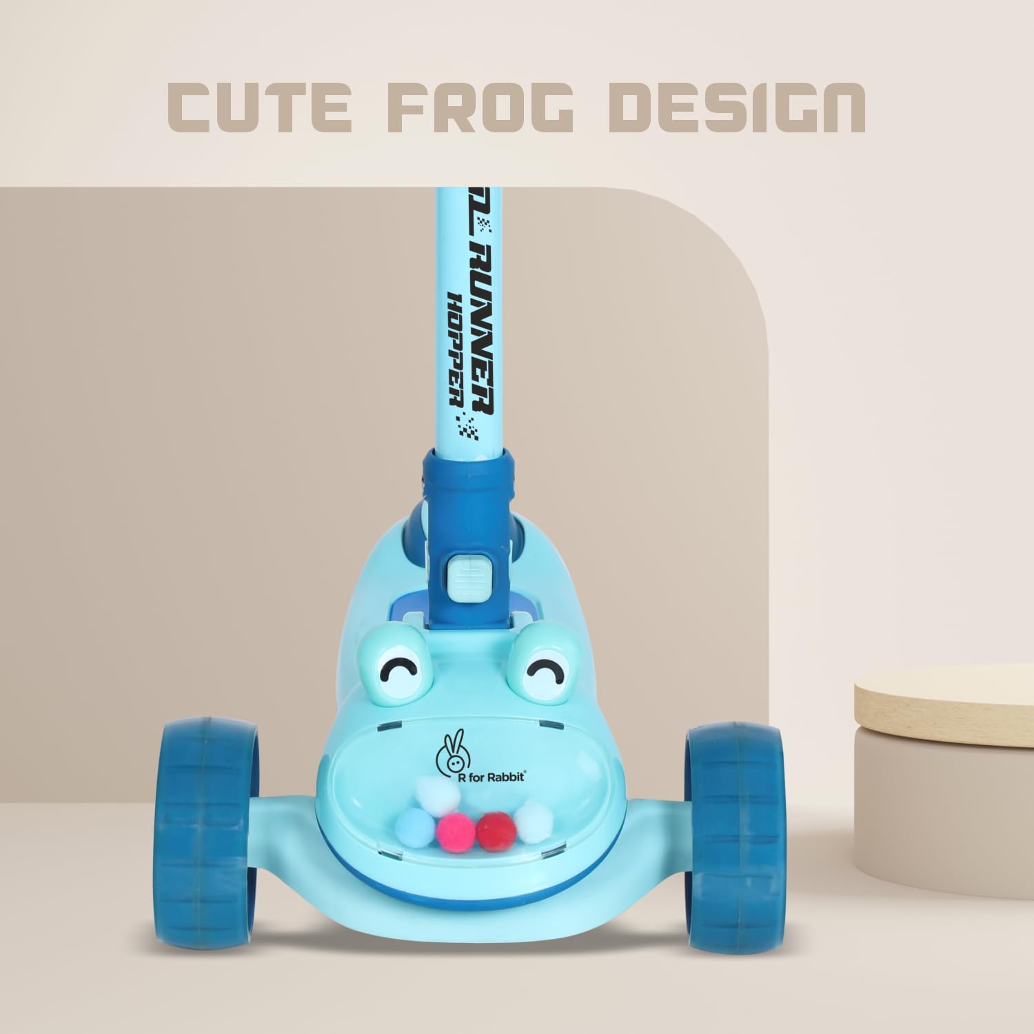 "R for Rabbit Road Runner Hopper 3-wheel Kick Scooter in blue, featuring a foldable design, glowing LED wheels, and a cute 'frog' or 'character' front for engaging fun for kids 3 years and above." www.usmile.toys
