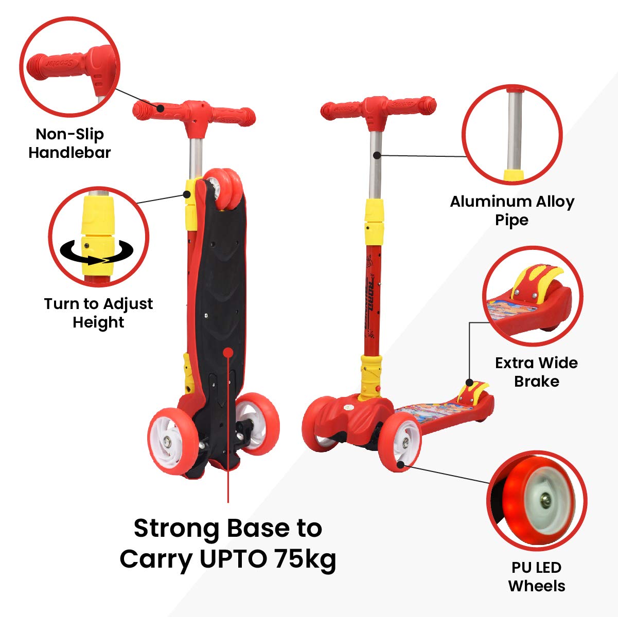Red R for Rabbit Road Runner 3-Wheel Scooter for kids aged 3 and above, featuring vibrant LED light-up wheels. A young boy is happily riding the scooter, perfect for developing balance and outdoor fun. Usmile Toys.