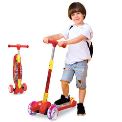Red R for Rabbit Road Runner 3-Wheel Scooter for kids aged 3 and above, featuring vibrant LED light-up wheels. A young boy is happily riding the scooter, perfect for developing balance and outdoor fun. Usmile Toys." www.usmile.toys