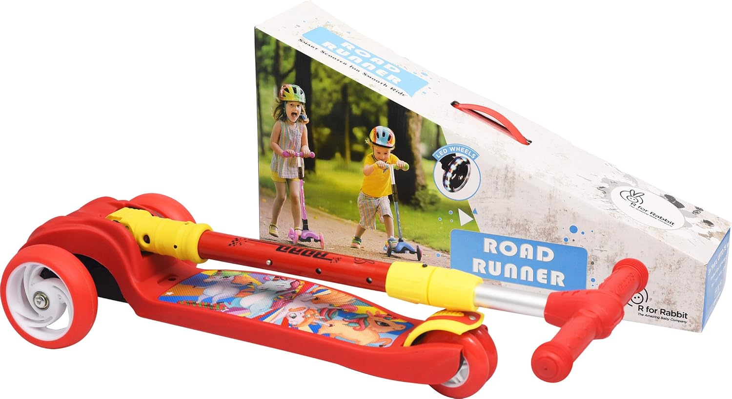 The R for Rabbit Road Runner Scooter, a bright red 3-wheel kick scooter ideal for children aged 3 years and up. It features eye-catching LED light-up wheels for an exciting ride, and a sturdy design to help young boys and girls develop balance and enjoy outdoor adventures. Available at Usmile Toys."