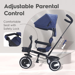 Rabbit Tiny Toes T30 Ace multi-stage tricycle for kids with dark blue padded seat, adjustable canopy, and parent steering handle. www.usmile.toys