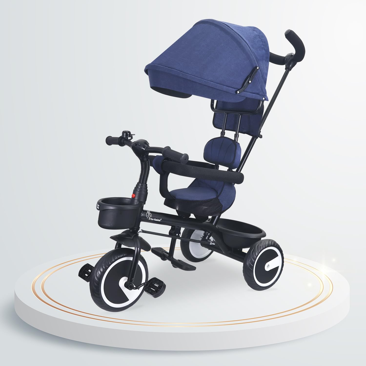 Rabbit Tiny Toes T30 Ace multi-stage tricycle for kids with dark blue padded seat, adjustable canopy, and parent steering handle. www.usmile.toys