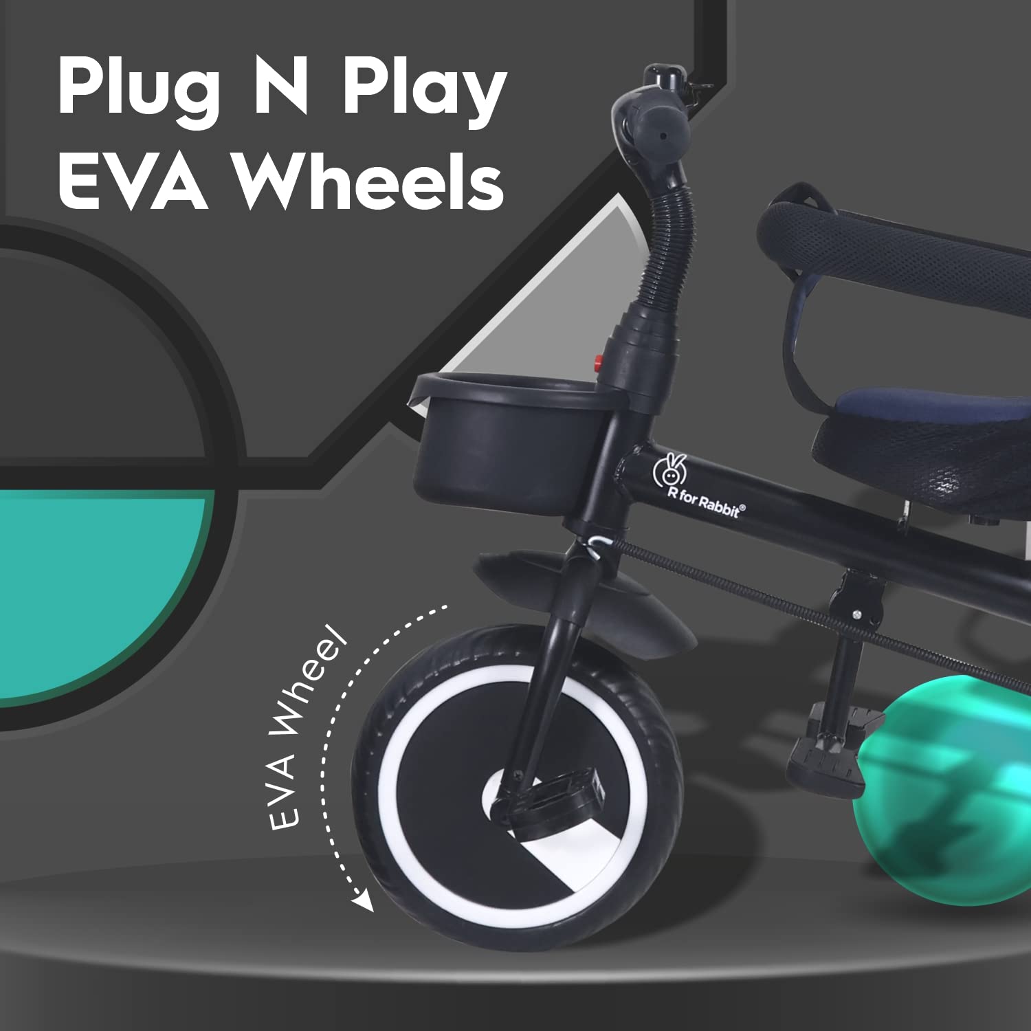 Rabbit Tiny Toes T30 Ace multi-stage tricycle for kids with dark blue padded seat, adjustable canopy, and parent steering handle. www.usmile.toys