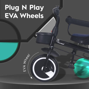 Rabbit Tiny Toes T30 Ace multi-stage tricycle for kids with dark blue padded seat, adjustable canopy, and parent steering handle. www.usmile.toys