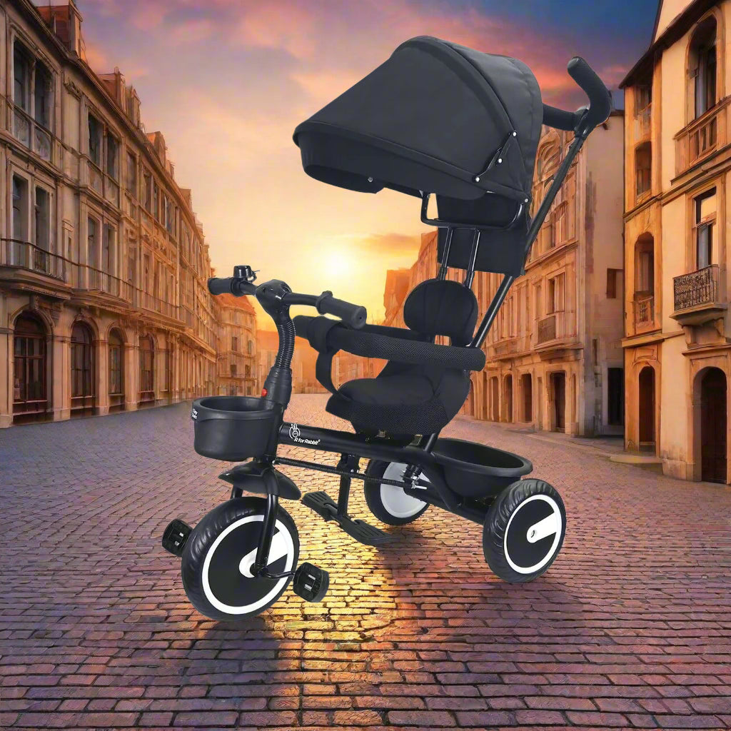 Comfortable and safe dark blue kids' tricycle with sunshade, perfect for outdoor adventures and parental control. www.usmile.toys
