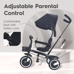 Comfortable and safe dark blue kids' tricycle with sunshade, perfect for outdoor adventures and parental control. www.usmile.toys