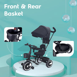 Usmile Toys Rabbit Tiny Toes T30 Ace tricycle in navy blue, featuring a removable canopy and a durable frame for growing toddlers. www.usmile.toys