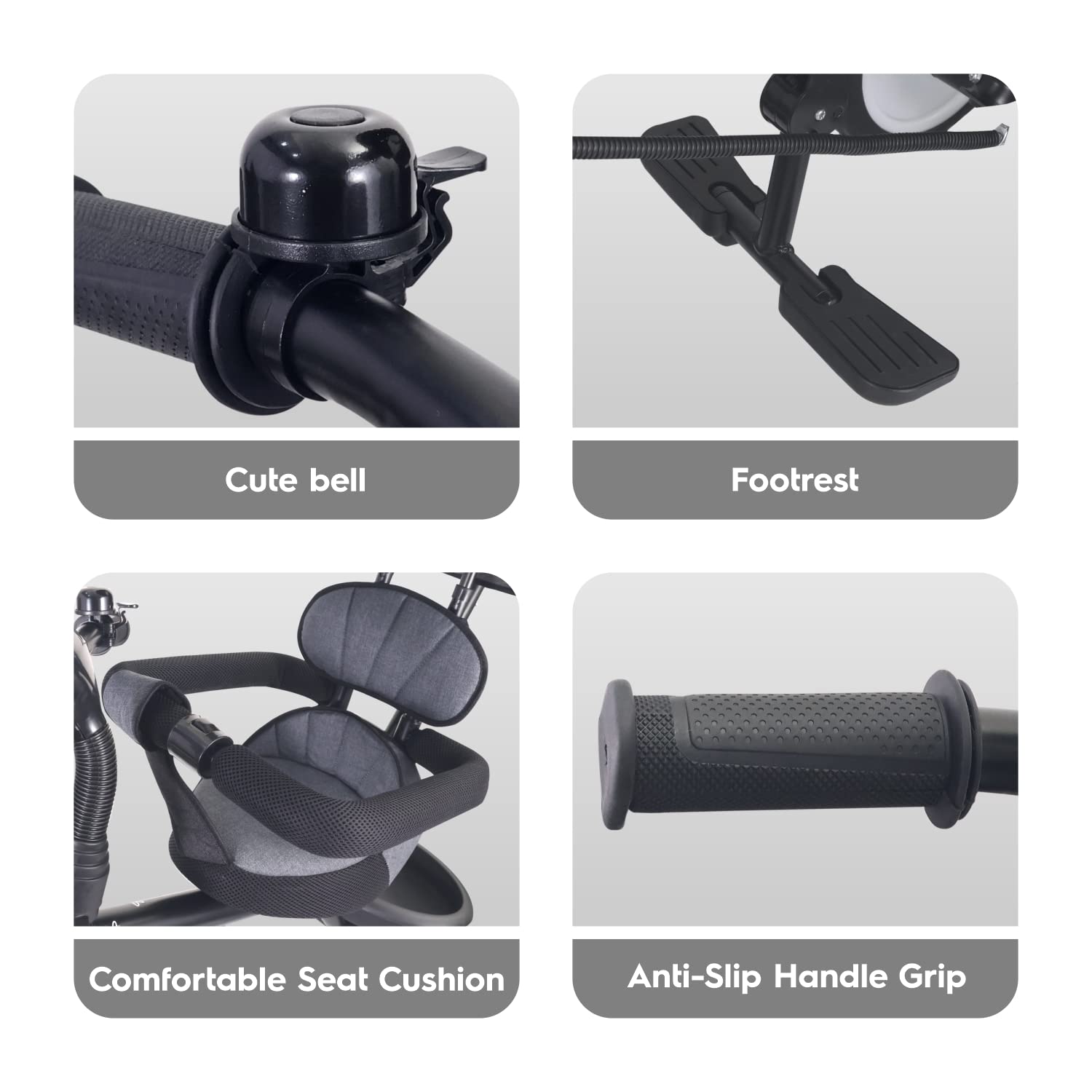 Navy blue and black kids' tricycle on a white pedestal, featuring a large sun canopy, parent handle, and front basket. www.usmile.toys