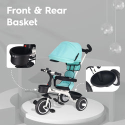 Navy blue and black kids' tricycle on a white pedestal, featuring a large sun canopy, parent handle, and front basket. www.usmile.toys