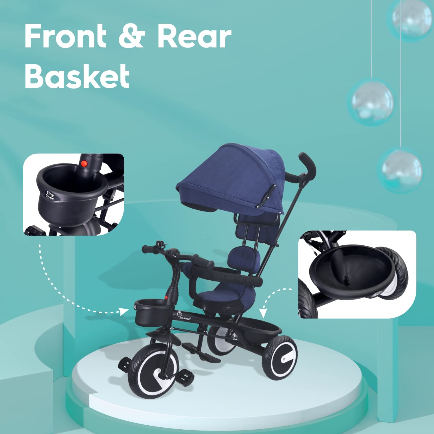 Comfortable and safe dark blue kids' tricycle with sunshade, perfect for outdoor adventures and parental control.