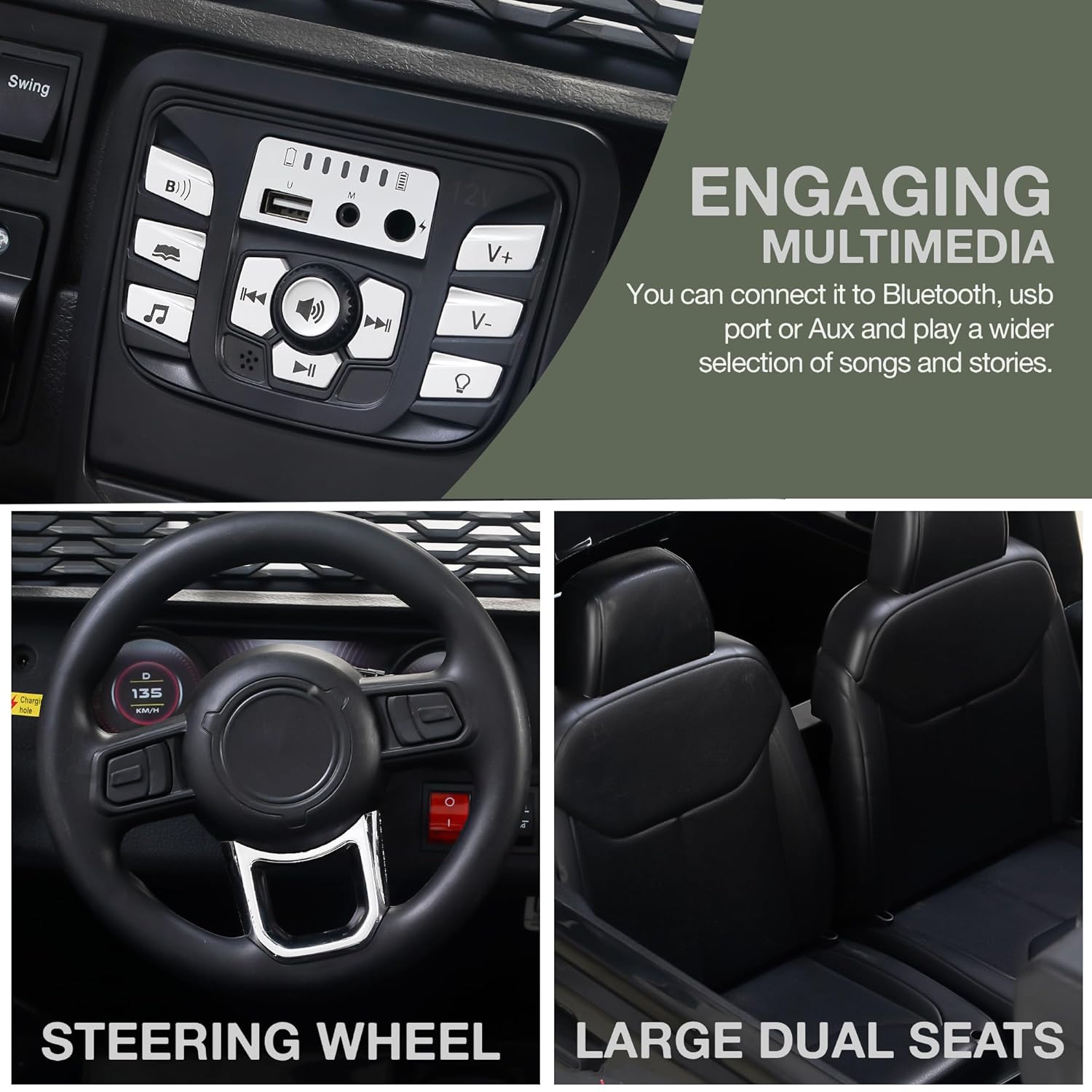 Black battery operated kids jeep ride-on car with red accents, features Bluetooth, music, and working lights, driving through mud. www.usmile.toys