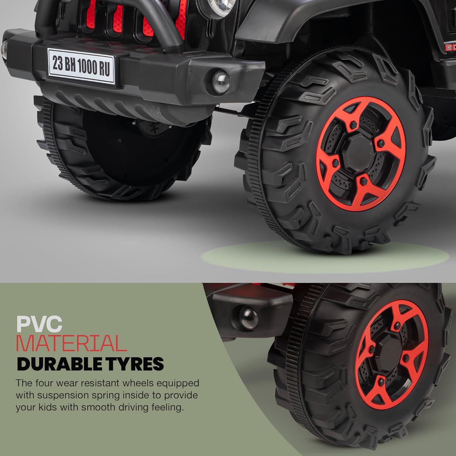 "U Smile Toys rechargeable battery operated jeep for kids, large ride-on toy car in black with red wheels and grille, equipped with Bluetooth connectivity, built-in music, bright LED lights, and a sturdy off-road design, perfect for outdoor play." www.usmile.toys