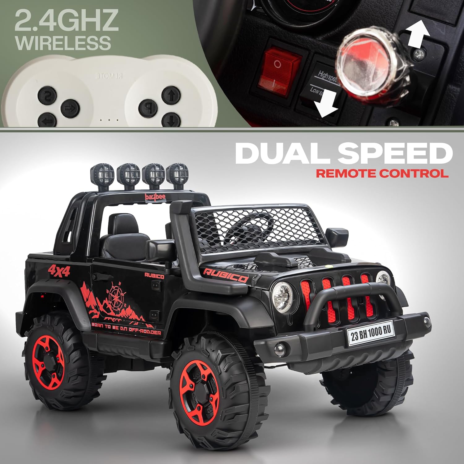 car in black with red wheels and grille, equipped with Bluetooth connectivity, built-in music, bright LED lights, and a sturdy off-road design, perfect for outdoor play." www.usmile.toys