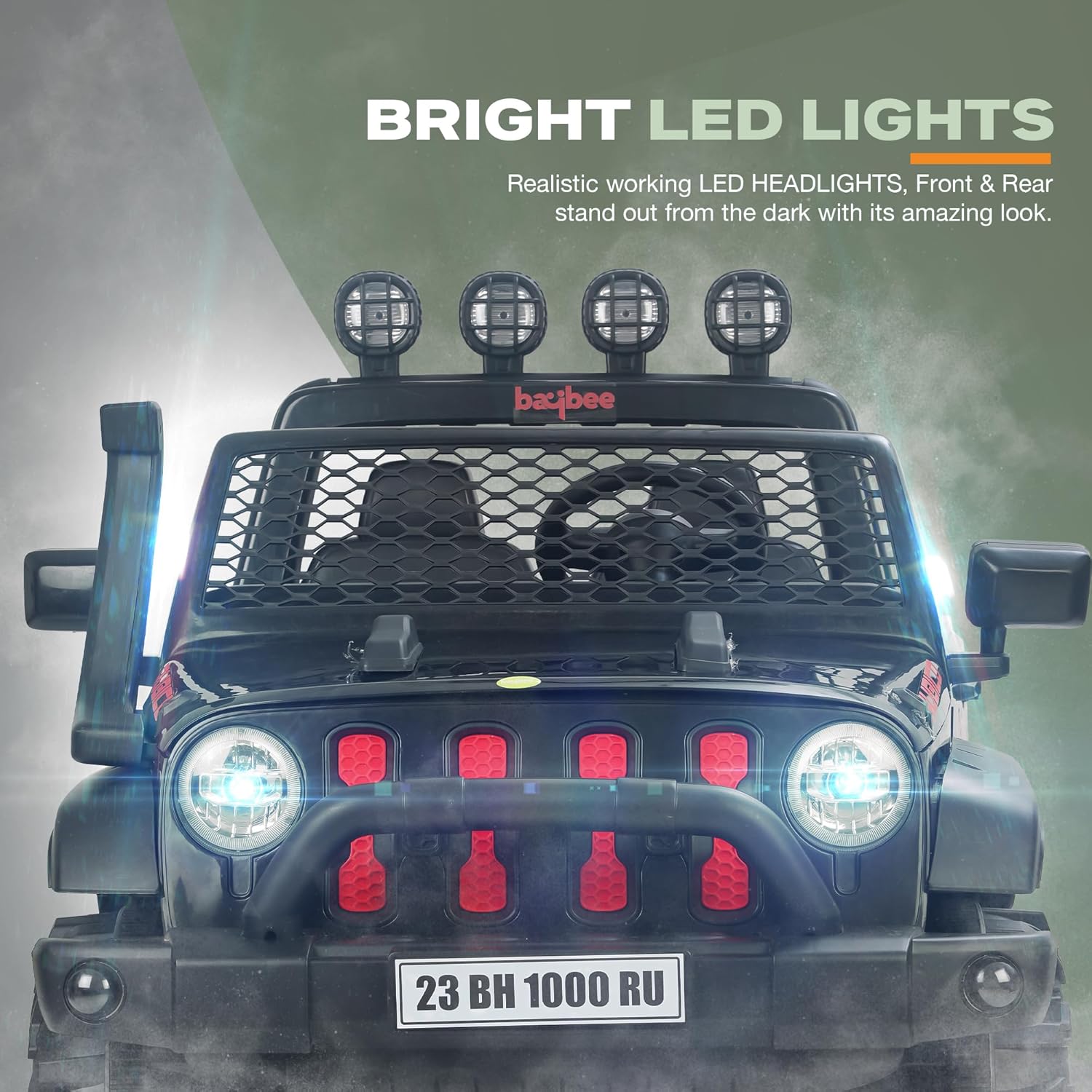 car in black with red wheels and grille, equipped with Bluetooth connectivity, built-in music, bright LED lights, and a sturdy off-road design, perfect for outdoor play." www.usmile.toys