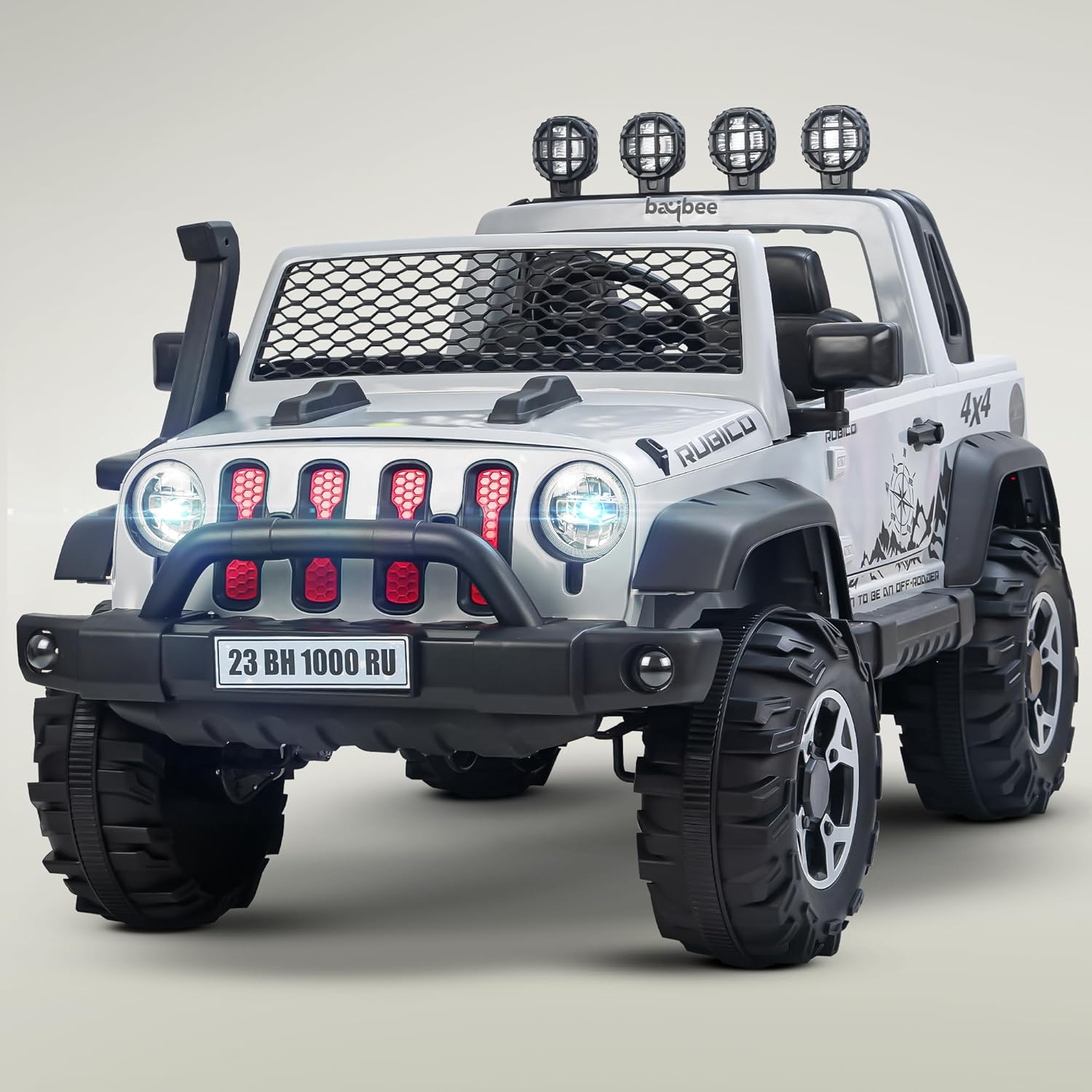 car in black with red wheels and grille, equipped with Bluetooth connectivity, built-in music, bright LED lights, and a sturdy off-road design, perfect for outdoor play." www.usmile.toys