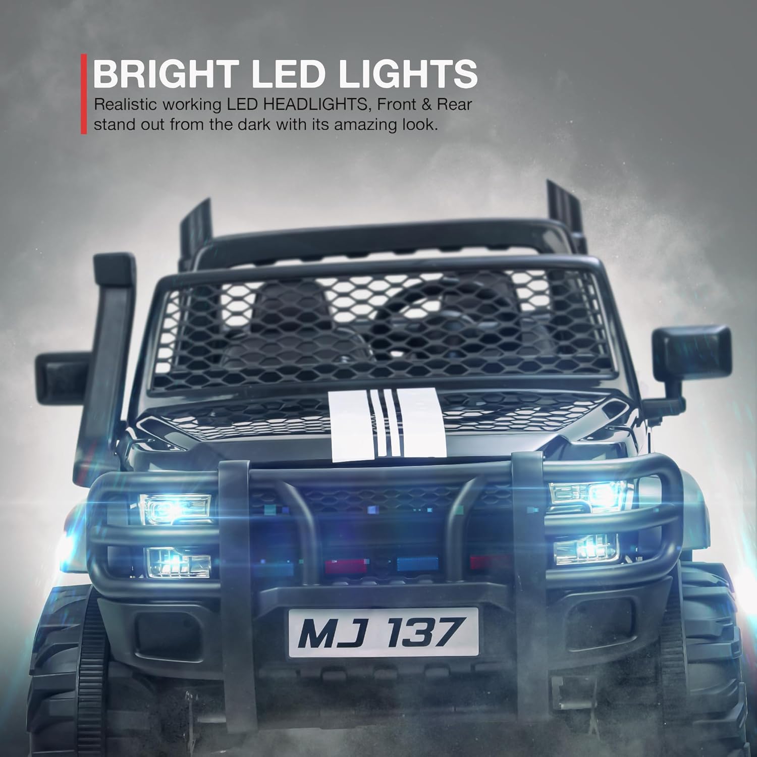 Big baby battery car, a robust black ride-on jeep with functioning headlights, overhead lights, and a realistic design, offering an immersive driving experience for children with  www.usmile.toys