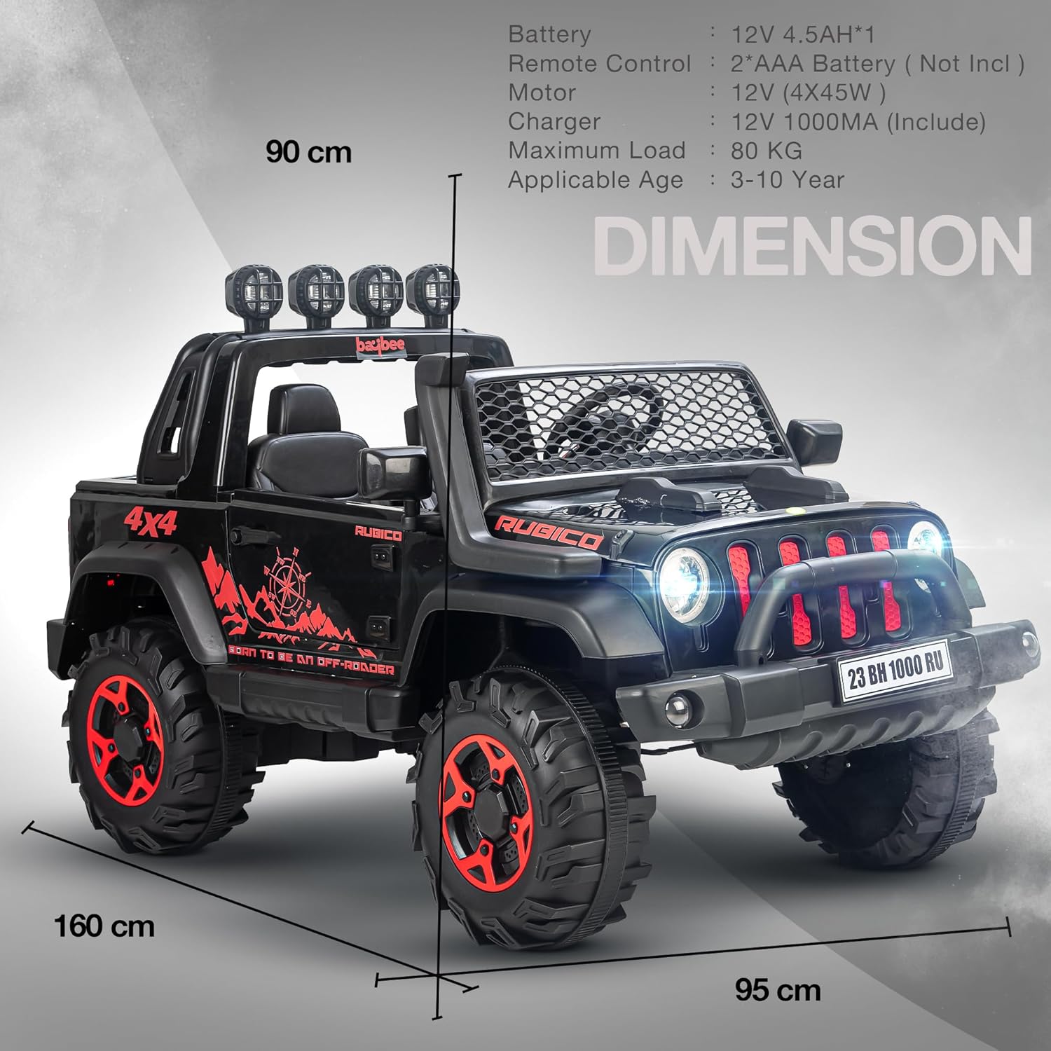 Big baby battery car, a robust black ride-on jeep with functioning headlights, overhead lights, and a realistic design, offering an immersive driving experience for children with music and Bluetooth." www.usmile.toys