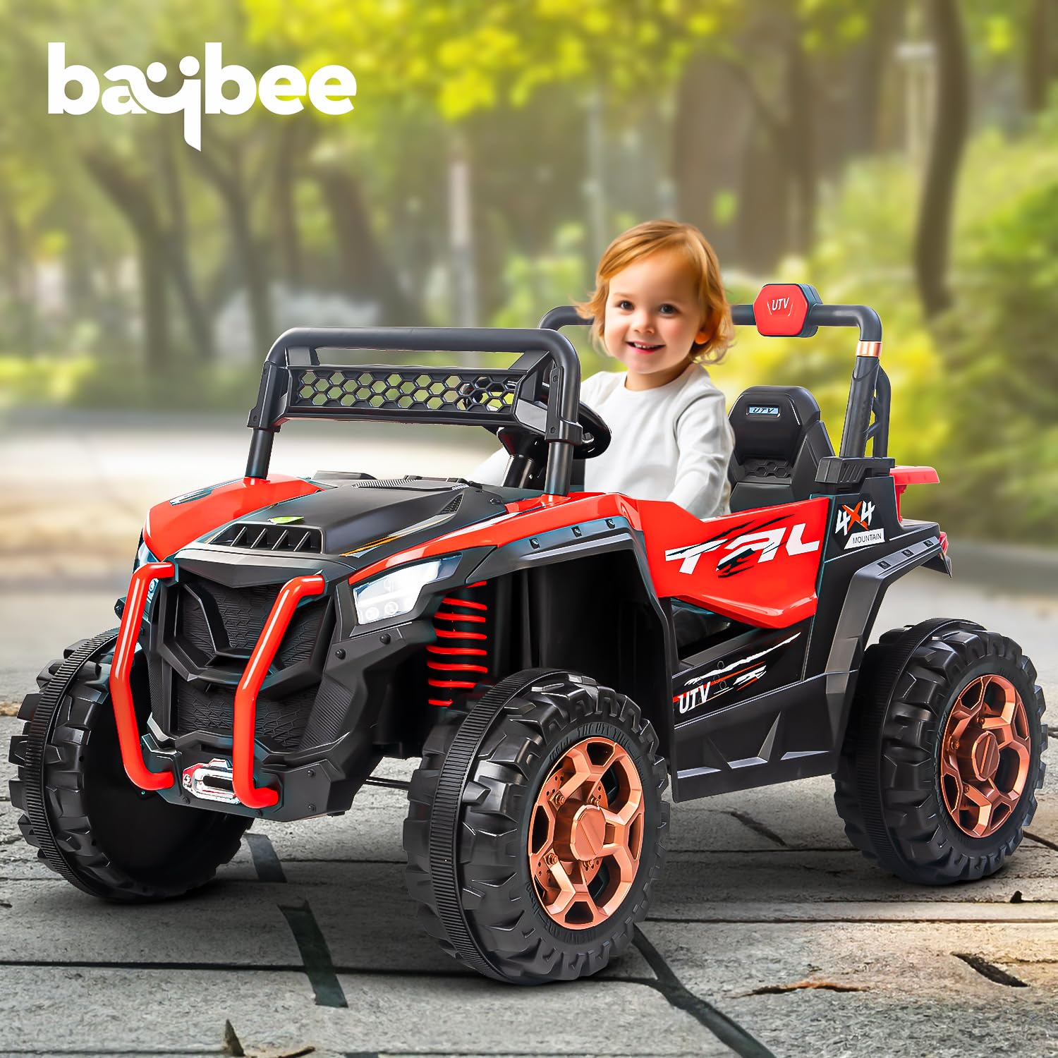Red 12V battery powered ride-on jeep for kids, featuring bright LED lights, realistic engine sounds, and music player WWW.USMILE.TOYS