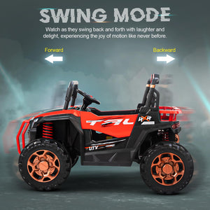 Red 12V battery powered ride-on jeep for kids, featuring bright LED lights, realistic engine sounds, and music player WWW.USMILE.TOYS