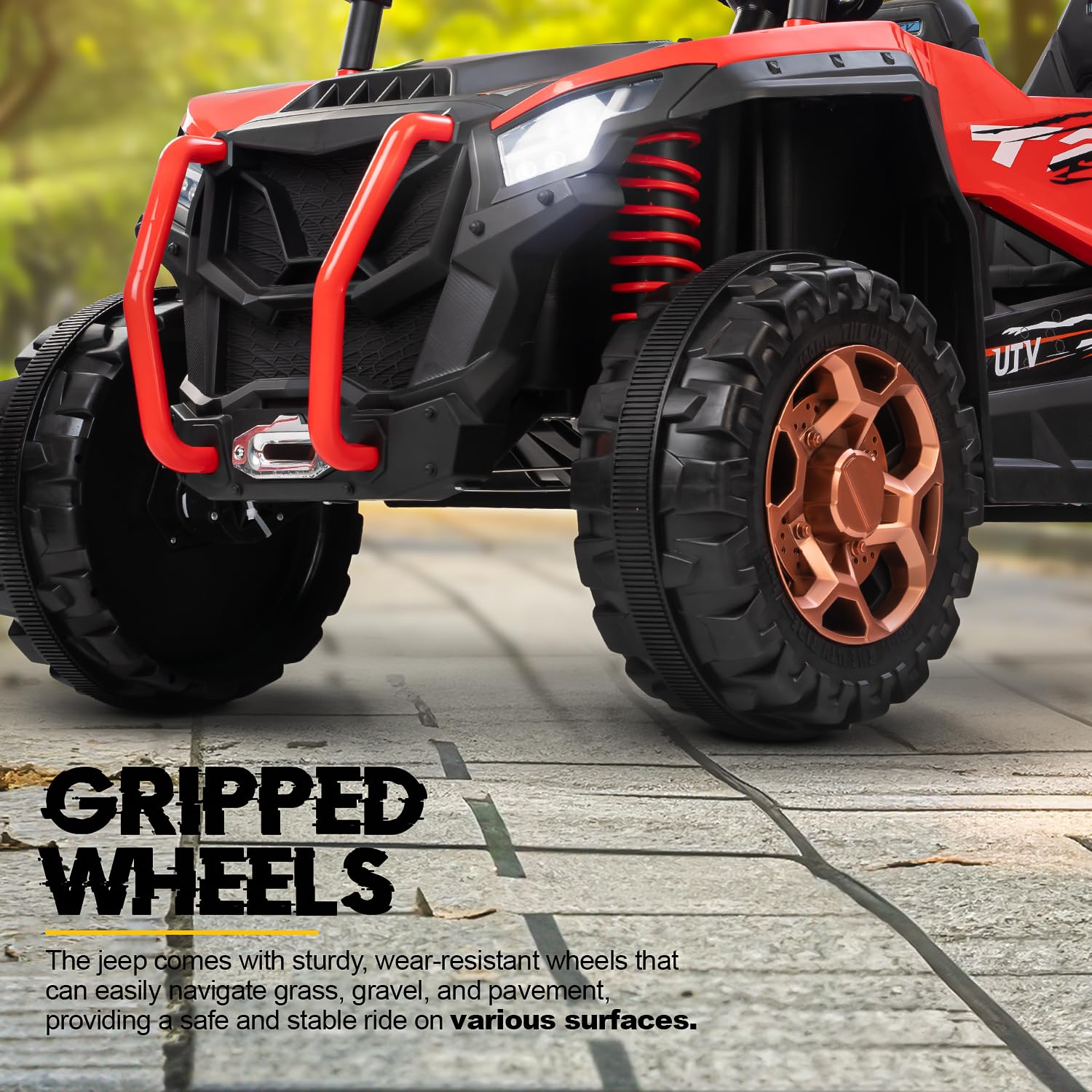 Kids' large electric ride-on UTV jeep in red, perfect for toddlers and young children with parental remote control WWW.USMILE.TOYS