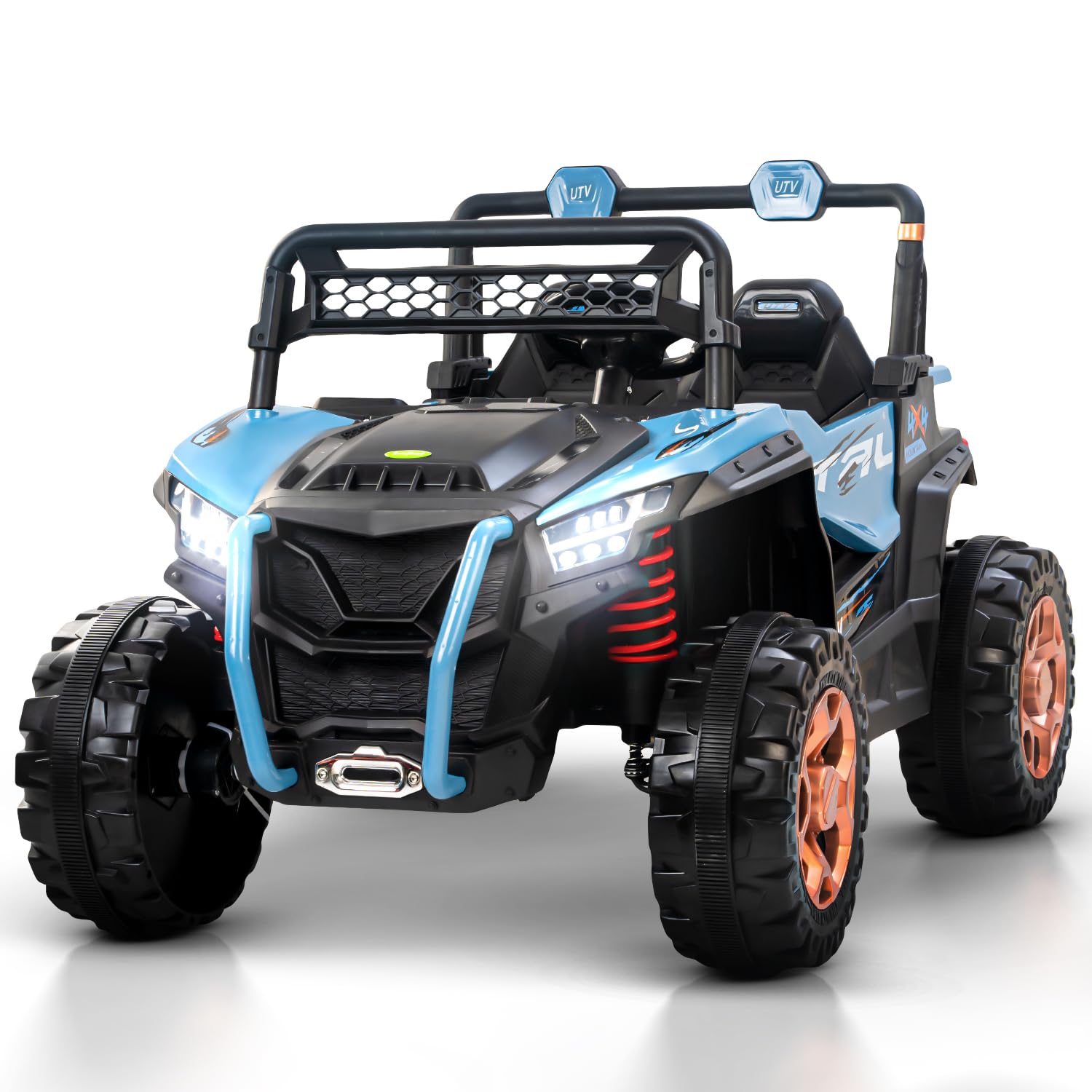 Durable red baby big jeep battery car with oversized tires, working headlights, and integrated music system for outdoor play WWW.USMILE.TOYS