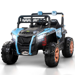 Durable red baby big jeep battery car with oversized tires, working headlights, and integrated music system for outdoor play WWW.USMILE.TOYS