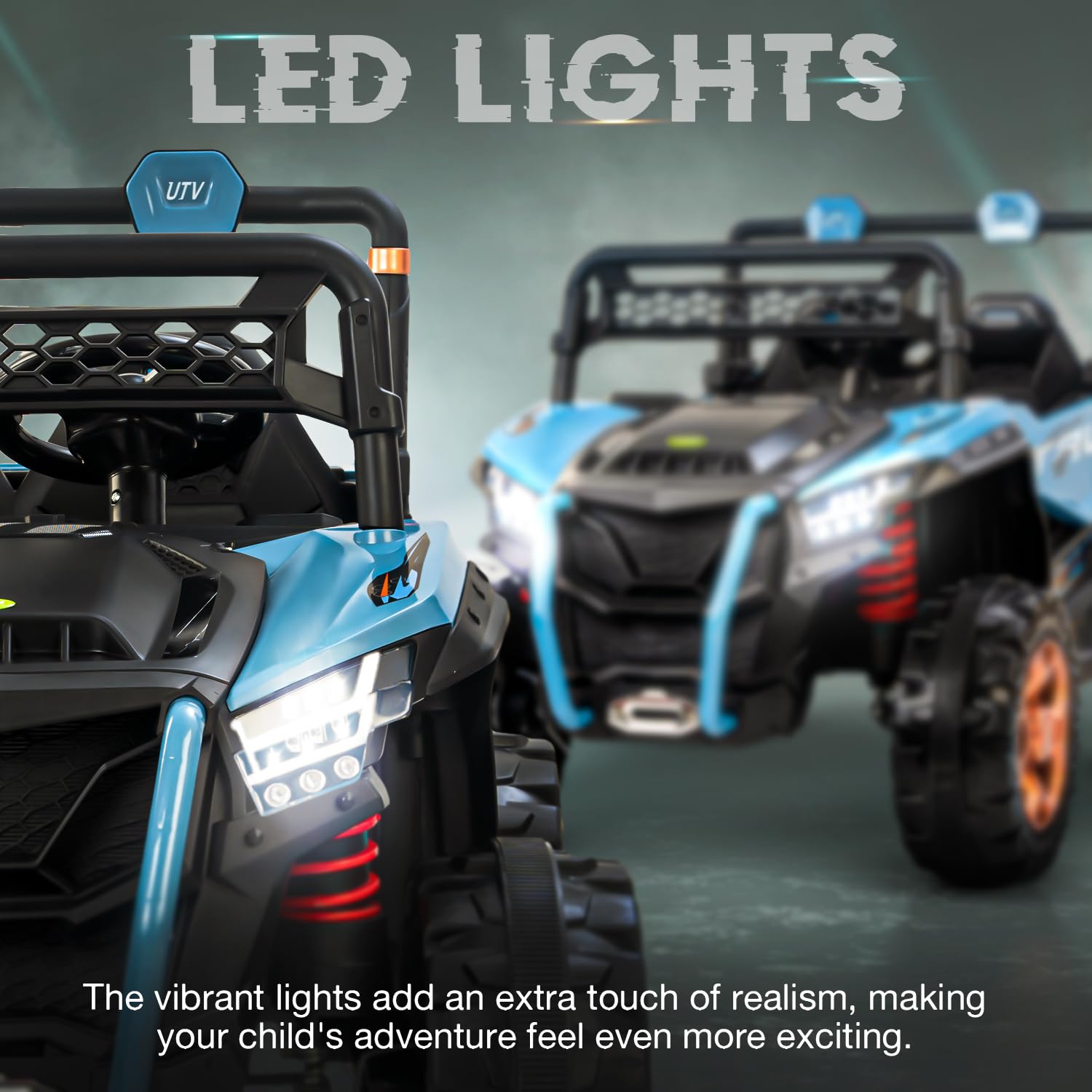 Durable red baby big jeep battery car with oversized tires, working headlights, and integrated music system for outdoor play WWW.USMILE.TOYS