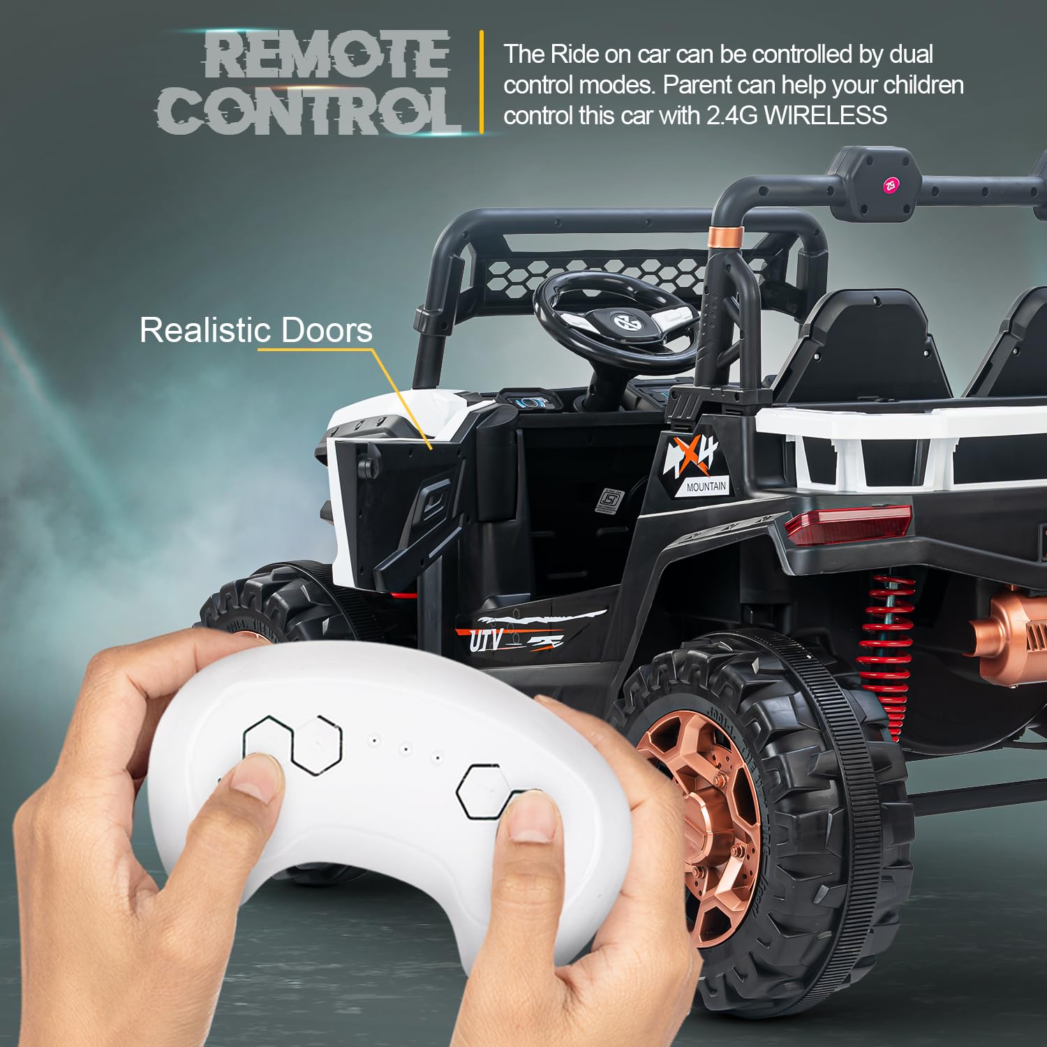 Usmile Toys red rechargeable battery operated jeep for kids, a realistic ride-on toy car with light and music for exciting adventures WWW.USMILE.TOYS