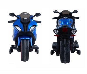 Metallic blue 12V kids' electric ride-on motorcycle with black and red accents, realistic details, and training wheels.www.usmile.toys