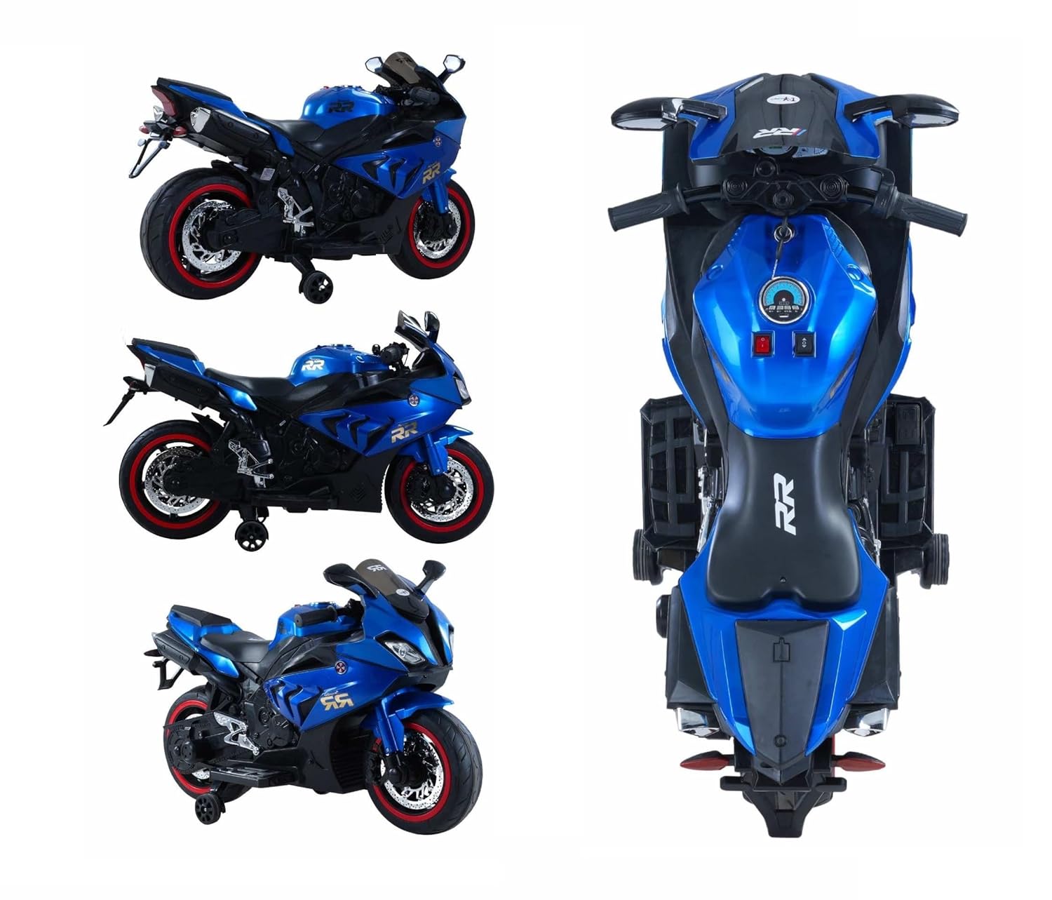 Metallic blue 12V kids' electric ride-on motorcycle with black and red accents, realistic details, and training wheels.www.usmile.toys