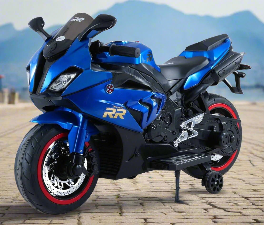 Metallic blue 12V kids' electric ride-on motorcycle with black and red accents, realistic details, and training wheels.www.usmile.toys