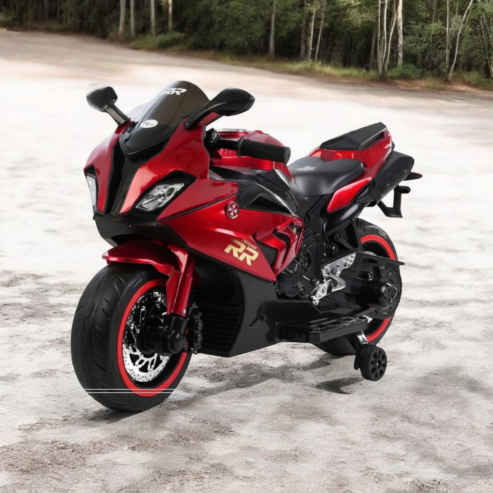 Metallic red 12V kids' electric ride-on motorcycle with black accents, realistic details, and training wheels. www.usmile.toys