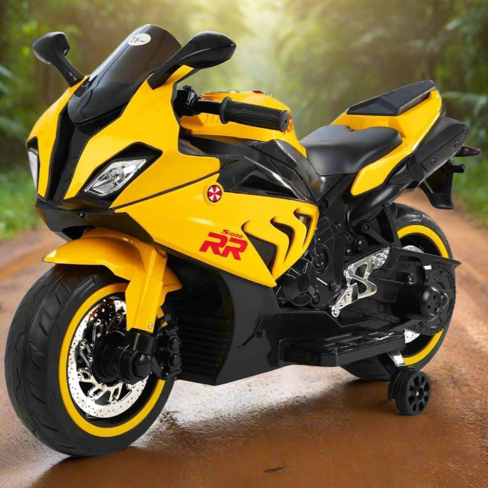 Kids' electric ride-on motorbike in white with BMW-style graphics, training wheels, and working headlights. www.smile.toys