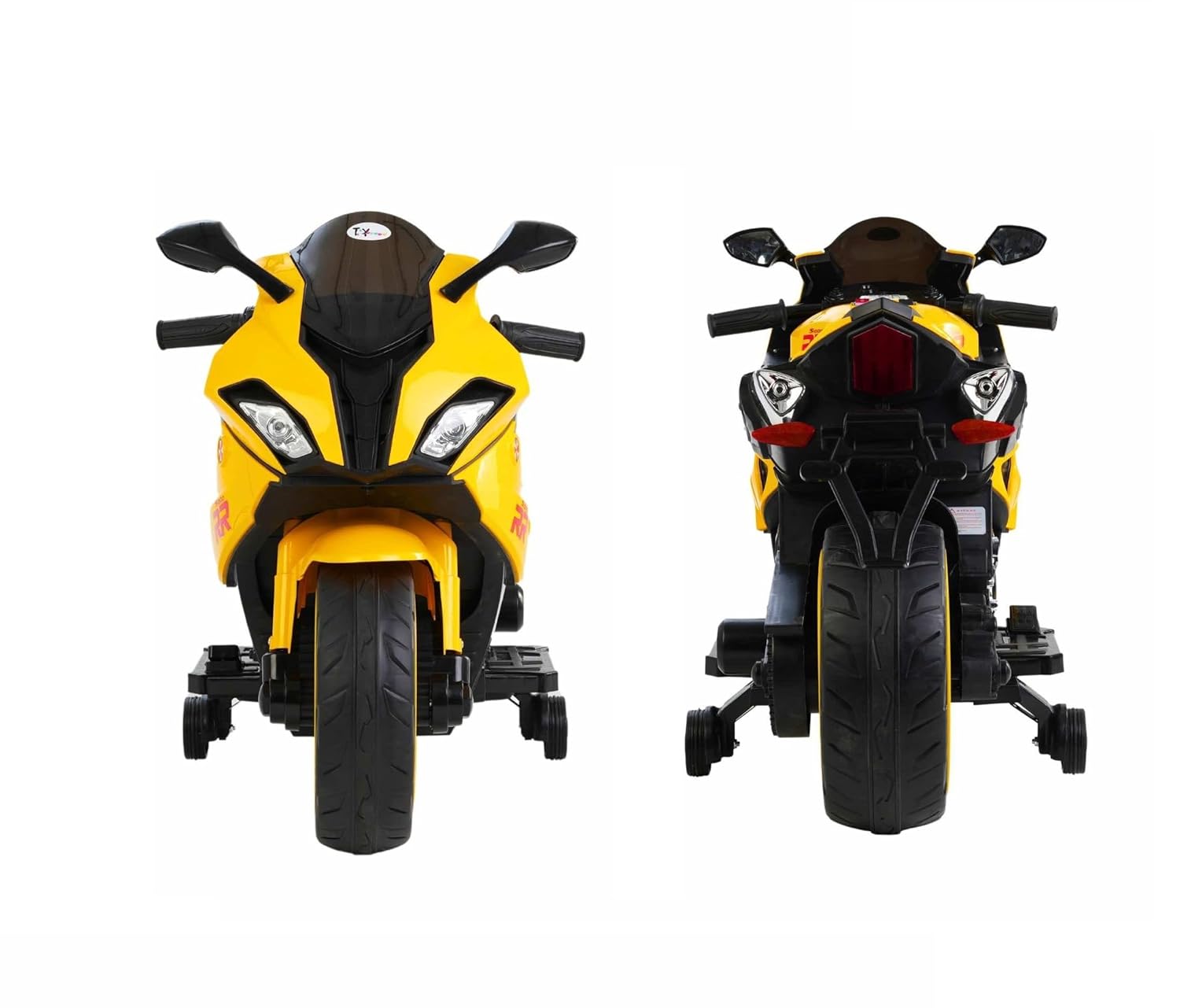 Kids' electric ride-on motorbike in white with BMW-style graphics, training wheels, and working headlights. www.smile.toys