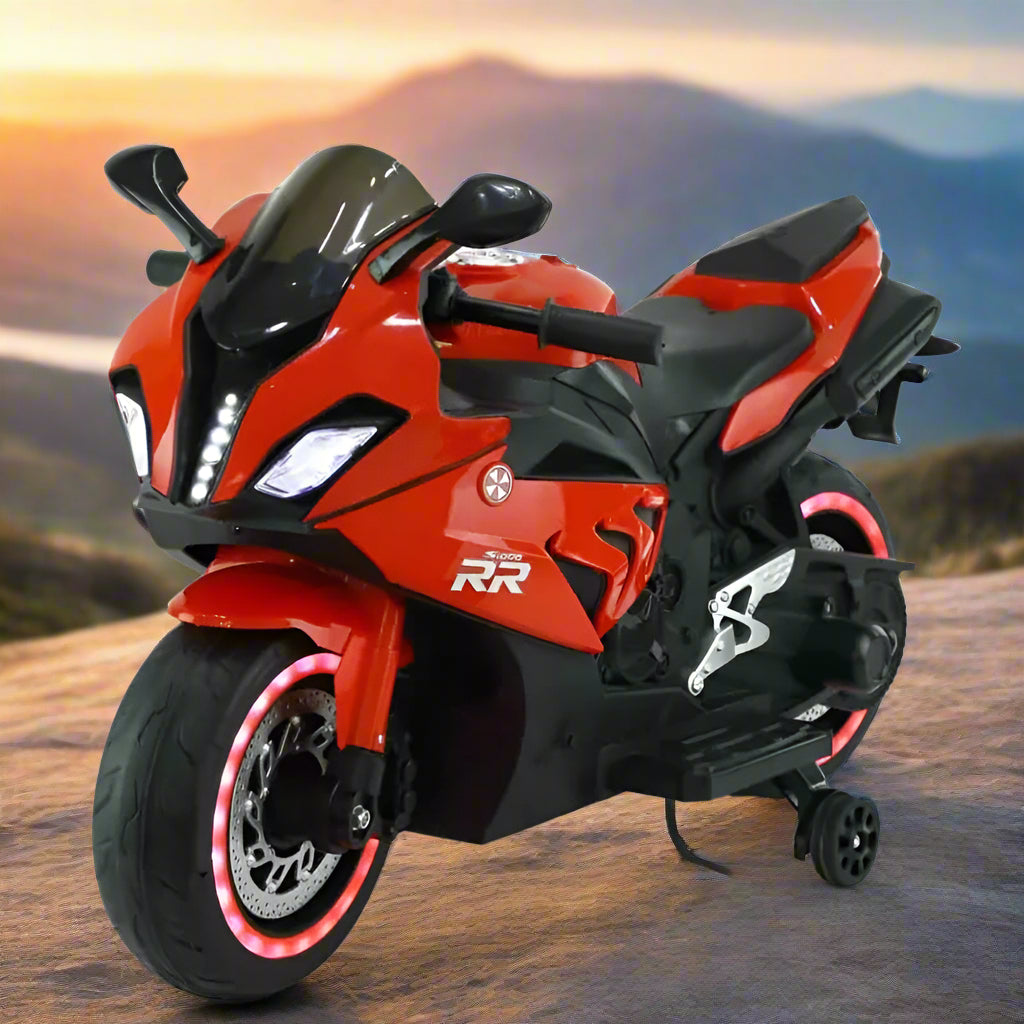 Kids' metallic red electric ride-on motorcycle with bright headlights, illuminated wheels, and black racing accents. www.usmile.toys
