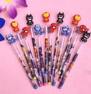  cartoon superhero pencils for boys, featuring popular characters like Spider-Man, Captain America, Iron Man, and Batman as erasers. Ideal return gifts for kids' birthday parties and school stationery from usmile.toys.www.usmile.toys