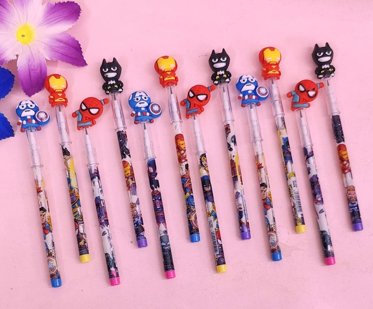 Fun superhero-themed pencils (12 Pcs) perfect as return gifts for kids' parties or schoolboys' stationery, with popular cartoon character erasers.