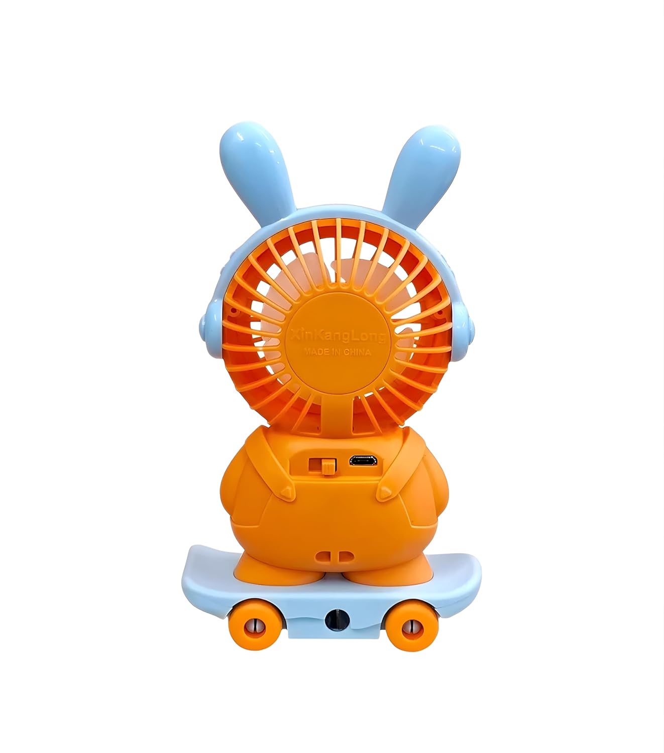 Kids' portable and rechargeable personal fan in a playful teddy bear design with bunny ears, skateboard base, and pencil sharpener. www.usmile.com