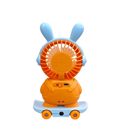 Kids' portable and rechargeable personal fan in a playful teddy bear design with bunny ears, skateboard base, and pencil sharpener. www.usmile.com