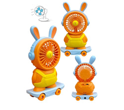 Kids' portable and rechargeable personal fan in a playful teddy bear design with bunny ears, skateboard base, and pencil sharpener. www.usmile.com