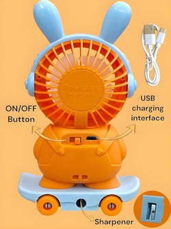 Usmile Toys Sketting Teddy rechargeable fan with durable plastic construction, integrated sharpener, and vibrant colors. www.usmile.toys