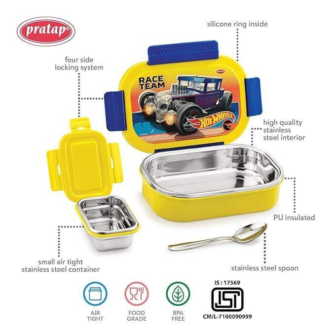 Stainless steel lunch box set with Hot Wheels design, featuring a yellow lid and silver interior.